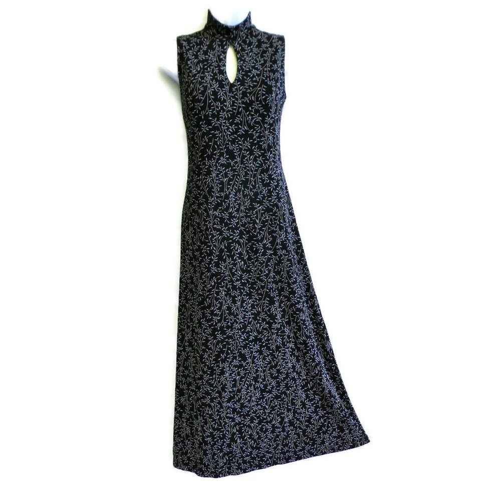 Embroidered NEW Vintage Maxi Knit Coldwater Creek Navy Dress Keyhole Mock Neck 8